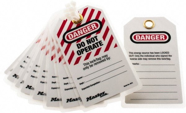 Master Lock 497A Lockout Tag: 3 - 1/8" High, 5 - 3/4" Wide, Laminated Polyester, "DANGER" - Lighting Supply Guy