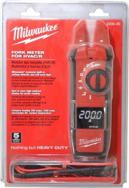 Milwaukee Tool 2206 - 20 Clamp Meter: CAT III & CAT IV, 0.63" Jaw, Fork Jaw - Lighting Supply Guy