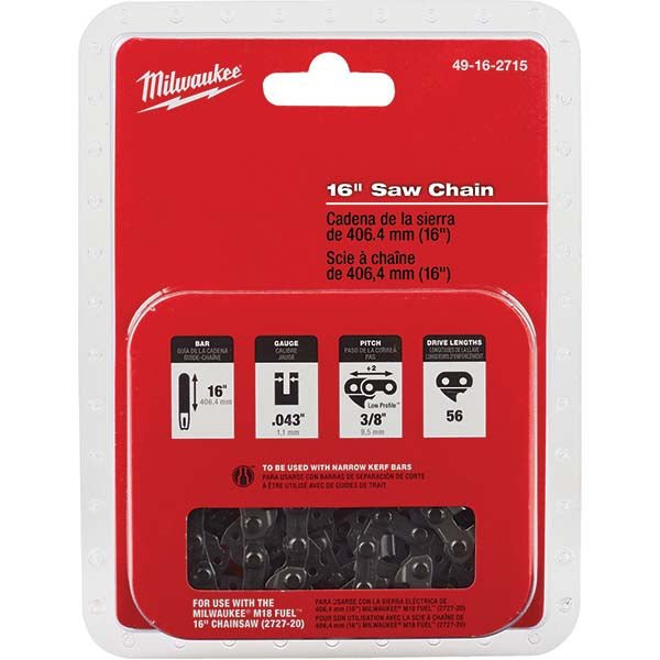 Milwaukee Tool 49 - 16 - 2715 Outdoor Power Equipment Accessories; Accessory Type: Saw Chain ; For Use With: M18 FUEL 16" Chainsaw ; Material: Aluminum ; Length (Inch): 16; 16 in ; Overall Height: 0.043in ; UNSPSC Code: 27112800 - Lighting Supply Guy