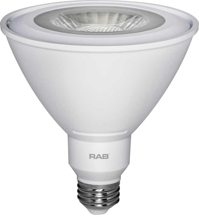 Rab PAR38-15-850-40D-DIM 15 watt PAR38 LED Flood Lamp to replace 100W Halogen, Medium (E26) base, 40° beam angle, 5000K, 1050 lumens, 25,000hr life, 120 volt, Dimming, Wet Rated