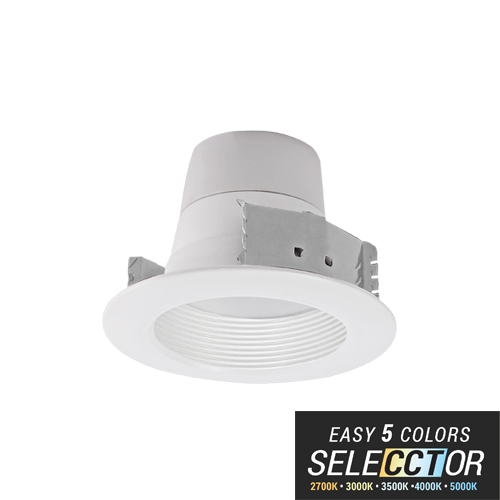 Elite RL431-700L-DIMTR-120-27K-30K-35K-40K-50K-90-W-WH 10.5 watt LED 4" Retrofit Recessed Downlight, 2700K-3000K-3500K-4000K-5000K Color Selectable, 700 lumens, 50,000hr life, 120 Volt, TRIAC Dimming, White Finish