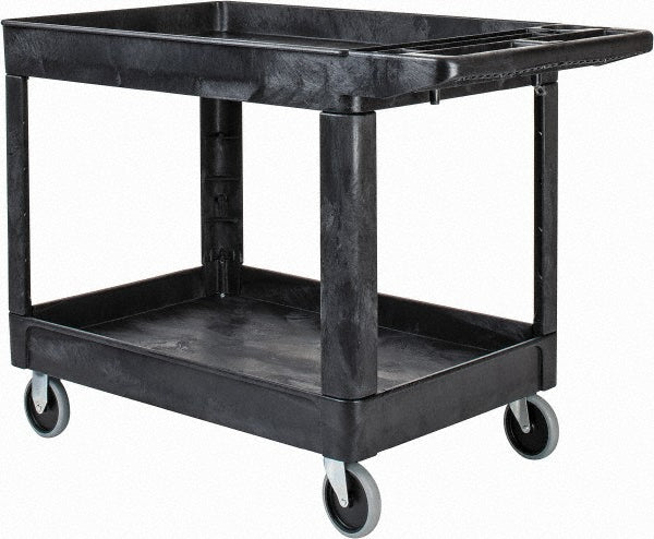 Rubbermaid FG452089BLA Heavy Duty 2 - Shelf Utility/Service Cart, Medium, Lipped Shelves, Storage Handle, 500 lbs. Capacity, Black - Lighting Supply Guy