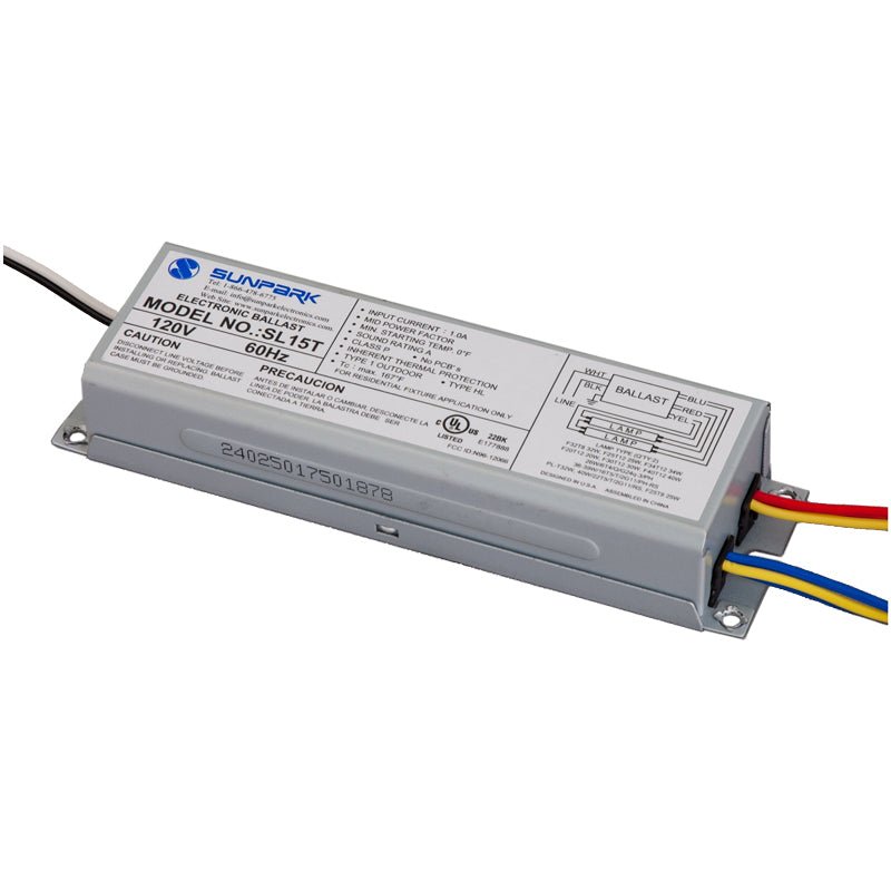 Sunpark SL15T RS 120V Ballast - Operates (1 or 2) F25T8, F32T8, F34T12 - Includes wiring diagram for operating (2) CF26DD/E Lamps - Lighting Supply Guy