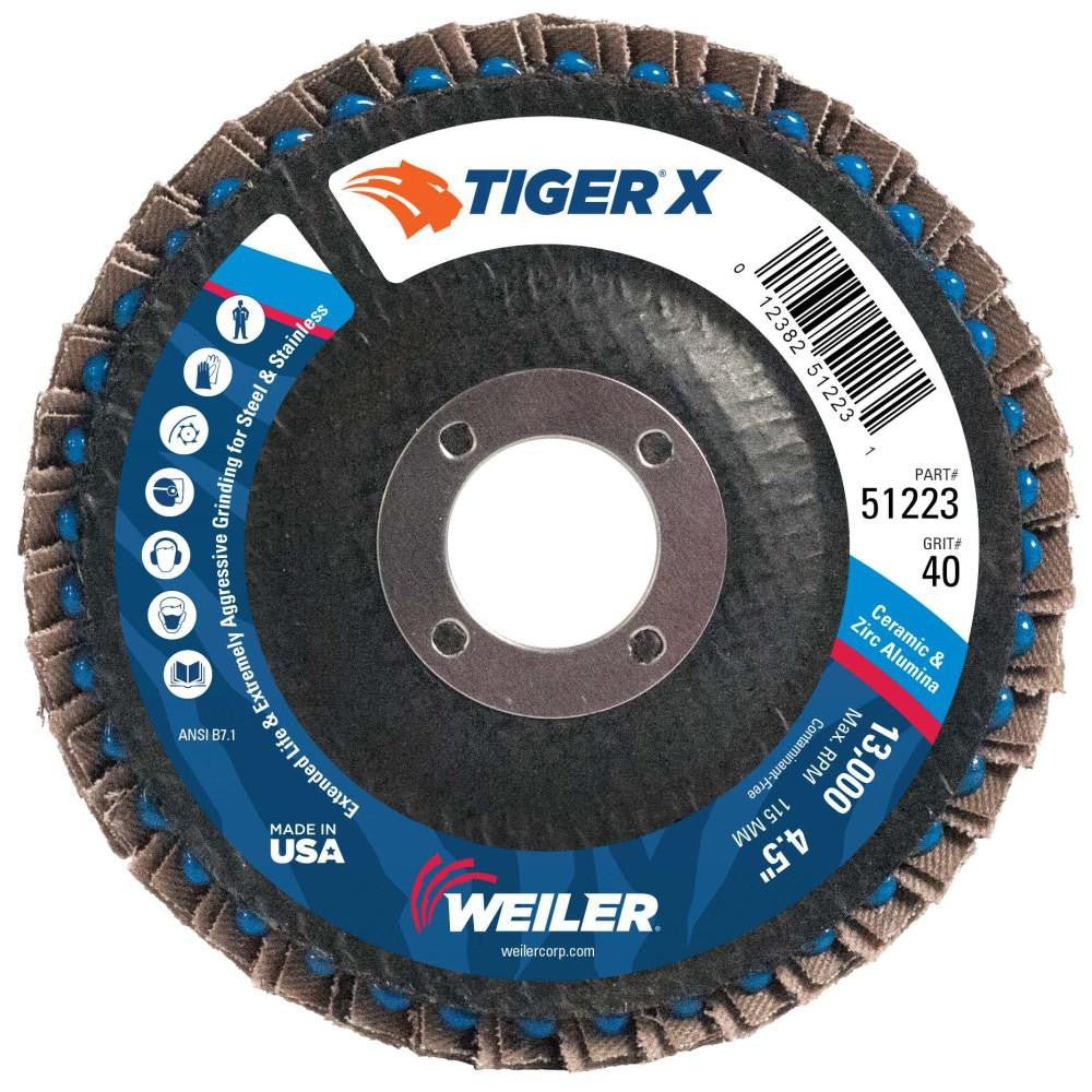 Weiler 51223 Flap Disc: 4 - 1/2" Dia, 7/8" Hole, 40 Grit, Ceramic Zirconia Alumina Blend, Type 27 - Lighting Supply Guy