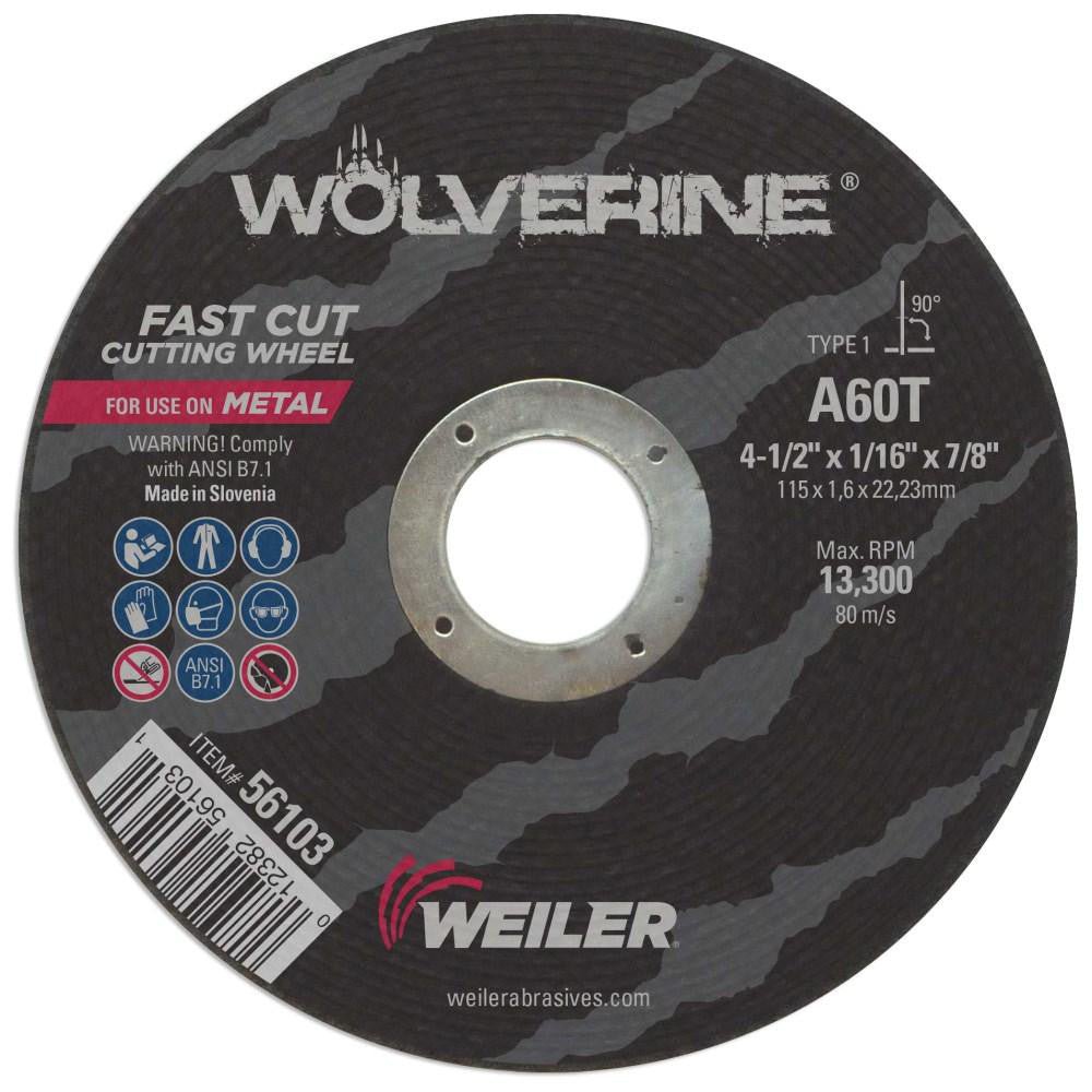 Weiler 56103 Cutoff Wheel: Type 1 (01/41), 4 - 1/2" Dia, 0.0600" Thick, 7/8" Hole, Aluminum Oxide - Lighting Supply Guy