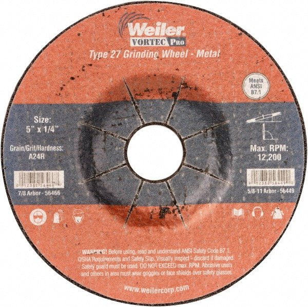Weiler 56466 Depressed - Center Wheel: Type 27, 5" Dia, 1/4" Thick, 7/8" Hole, Aluminum Oxide - Lighting Supply Guy