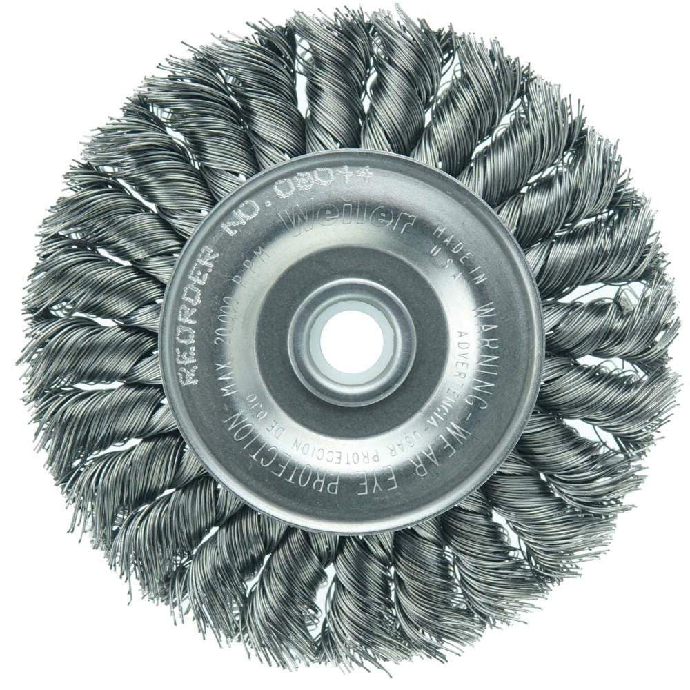 Weiler 8064 Wheel Brush: 4" Wheel Dia, 1/2" Face Width, 0.0200" Wire Dia, Knotted - Lighting Supply Guy