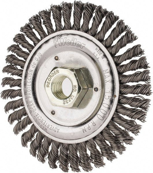 Weiler 94051 Wheel Brush: 4 - 1/2" Wheel Dia, 3/16" Face Width, 0.0200" Wire Dia, Knotted - Lighting Supply Guy