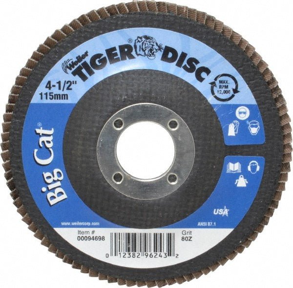 Weiler 96243 Flap Disc: 4 - 1/2" Dia, 7/8" Hole, 80 Grit, Zirconia Alumina, Type 27 - Lighting Supply Guy