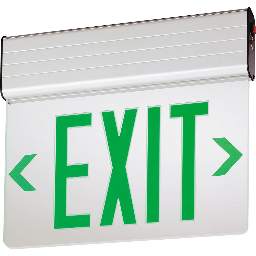 Lithonia EDG-2-G-EL Green Lettering Double Face Edge-Lit Exit Sign Fixture, Surface Mount, Battery Backup, Brushed Aluminum Finish