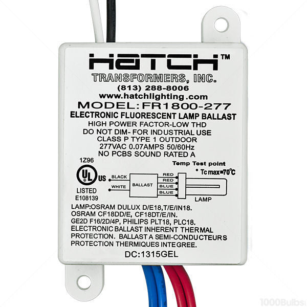Hatch FR1800-L 120-277 volt Preheat Start Ballast, operates (1) 16W to 18W 4-Pin CFL. *Discontinued*
