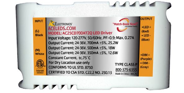 AC Electronics AC25CD700AT2Q Constant Current LED Driver, 120-277VAC Input, 24-36VAC Output, Dimming 5%-100%