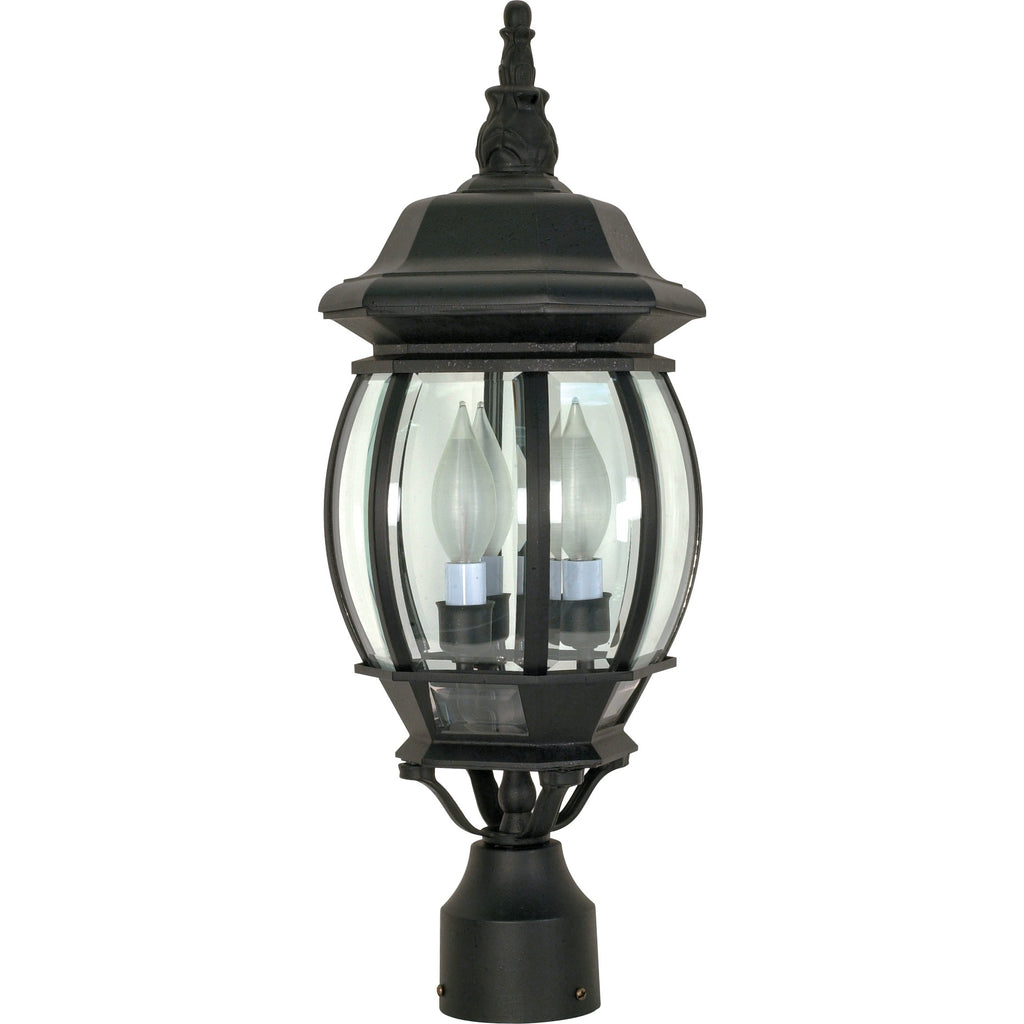 Nuvo 60-899 3-Light LED Outdoor Post Fixture, 7.375" x 21" tall, Clear Beveled Glass Panels, w/out 60W Inc. Candelabra (E12) base lamps, 2700K, 810 lumens, Wet Location Rated, Textured Black Finish