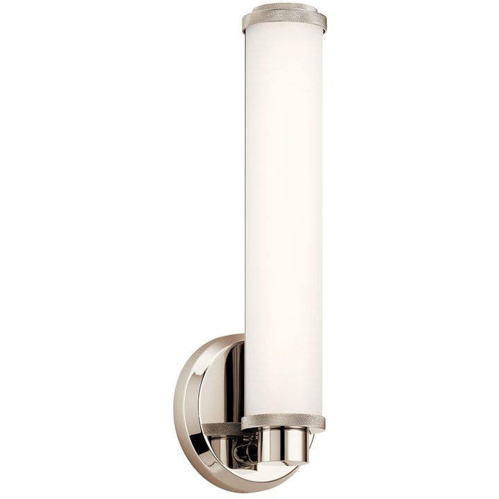 Kichler 45686PNLED 16 watt LED Indeco Series Wall Sconce Light Fixture, 3000K, 1090 lumens, 90CRI, 40000hr life, 120 Volt, Dimming, Satin Etched Glass, Polished Nickel Finish