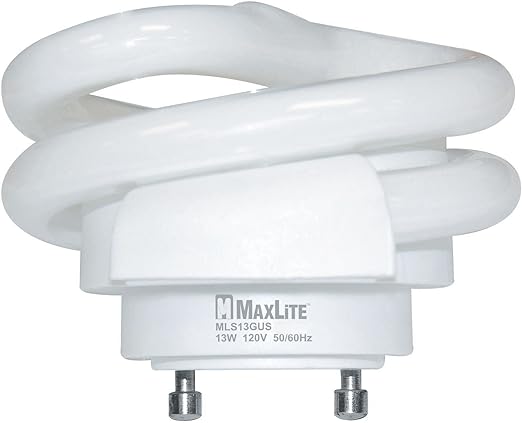 Maxlite 1743..MLS13GUSWW 13 watt Self-Ballasted Low Profile Spiral Comapct Fluorescent Lamp, Bi-Pin (GU24) base, 2700K, 900 lumens, 10,000hr life, 120 volt, Non-dimmable. Not for sale in California: Not Title 20 Compliant. *Discontinued*