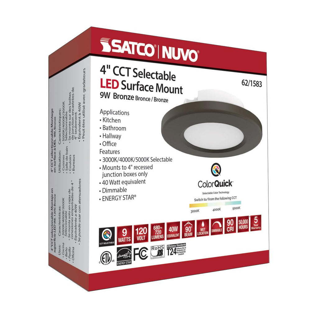 Satco 62-1583 9 watt LED 4" Round Surface Mount Light Fixture, 3000K/4000K/5000K Color Selectable, 720 lumens, 50,000hr life, 120 Volt, Dimming, Bronze FInish