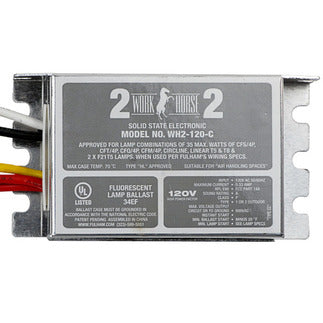 Fulham WH22-120-C 120 volt Instant Start Compact Case Ballast, side lead exit on each side, operates (1 or 2) F15T8