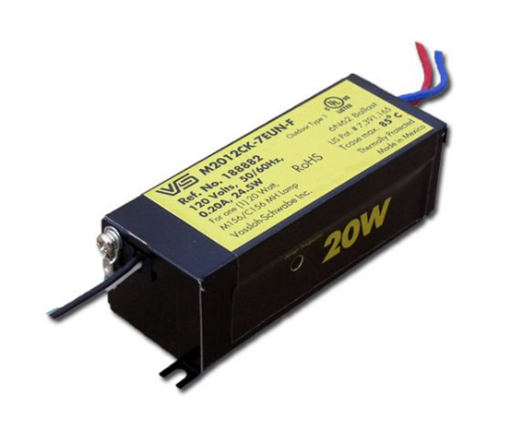 Universal 188882.02 M2012CK-7EUN-F 120 volt Resonance Start Ballast, side lead exit and mounting feet, operates (1) CMH20, 20W MH ANSI M156/C156. *Discontinued*