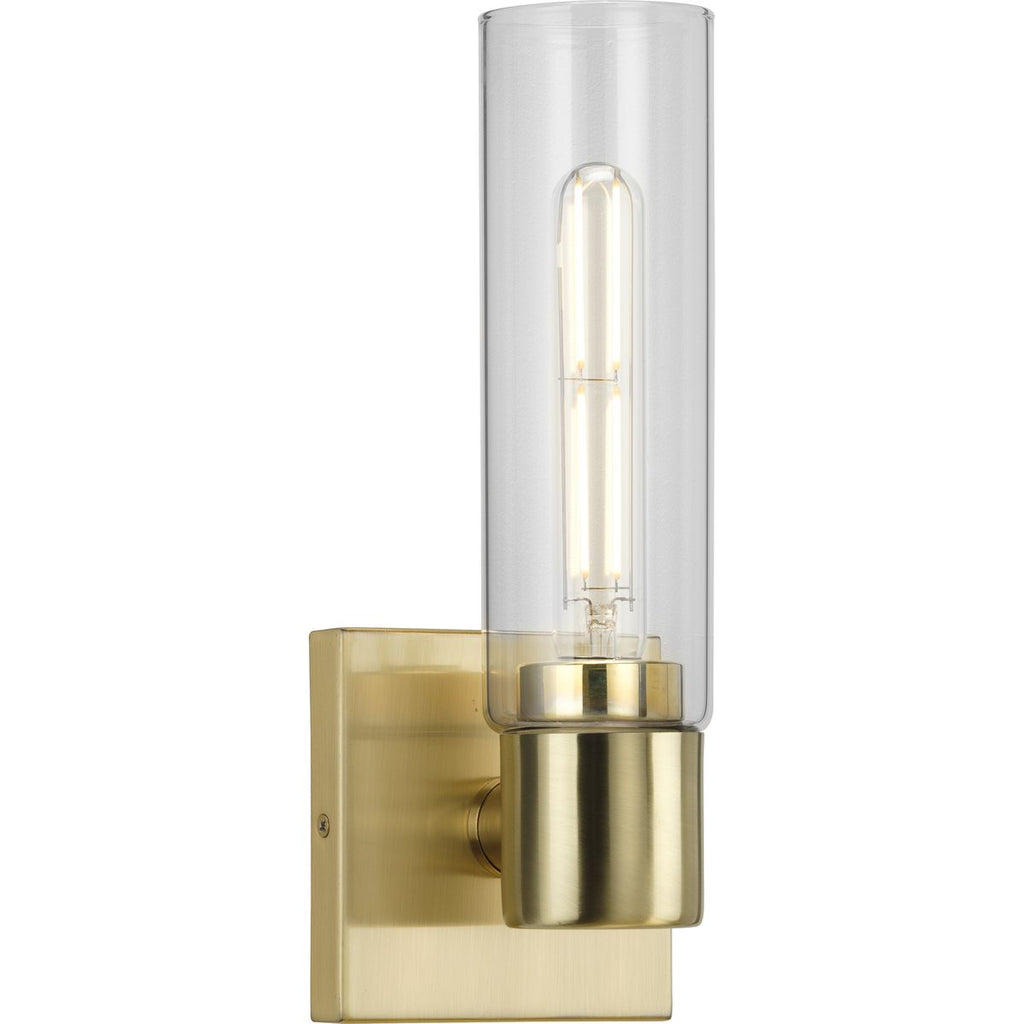 Progress P300299-012 Clarion One-Light Satin Brass and Clear Glass Wall Sconce, 12-5/8" Height x 5" Width, Medium Base (E26), Bulb not Included, Brass Finish