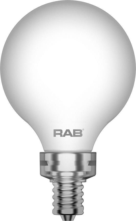 Rab G16.5-3-E12-950-F-F Frosted 3.8 watt G16.5 LED Globe Lamp, Candelabra (E12) base, 5000K, 350 lumens, 15,000hr life, 120 volt, Dimming to 10%