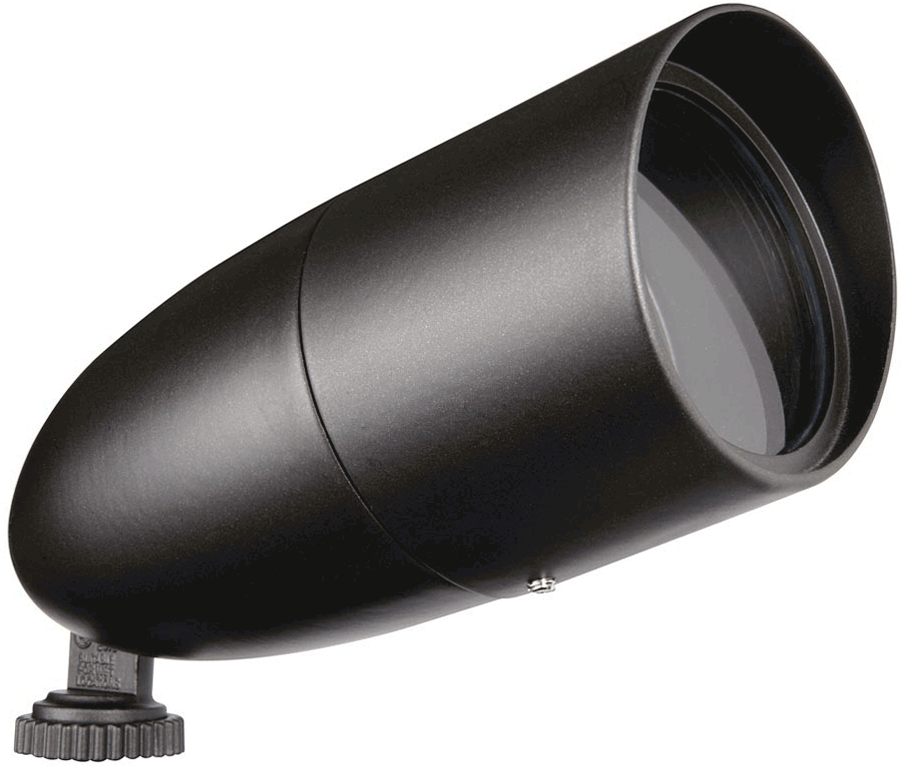 Rab LFP16B  Bullet Shaped Floodlight Fixture, 2-7/16" x 5-7/8" tall, 1/2" NPS threaded arm with serrated locking swivel mount, Deep Glare Shield, w/out 60W Max. PAR16 lamp, 650 lumens, Black Finish