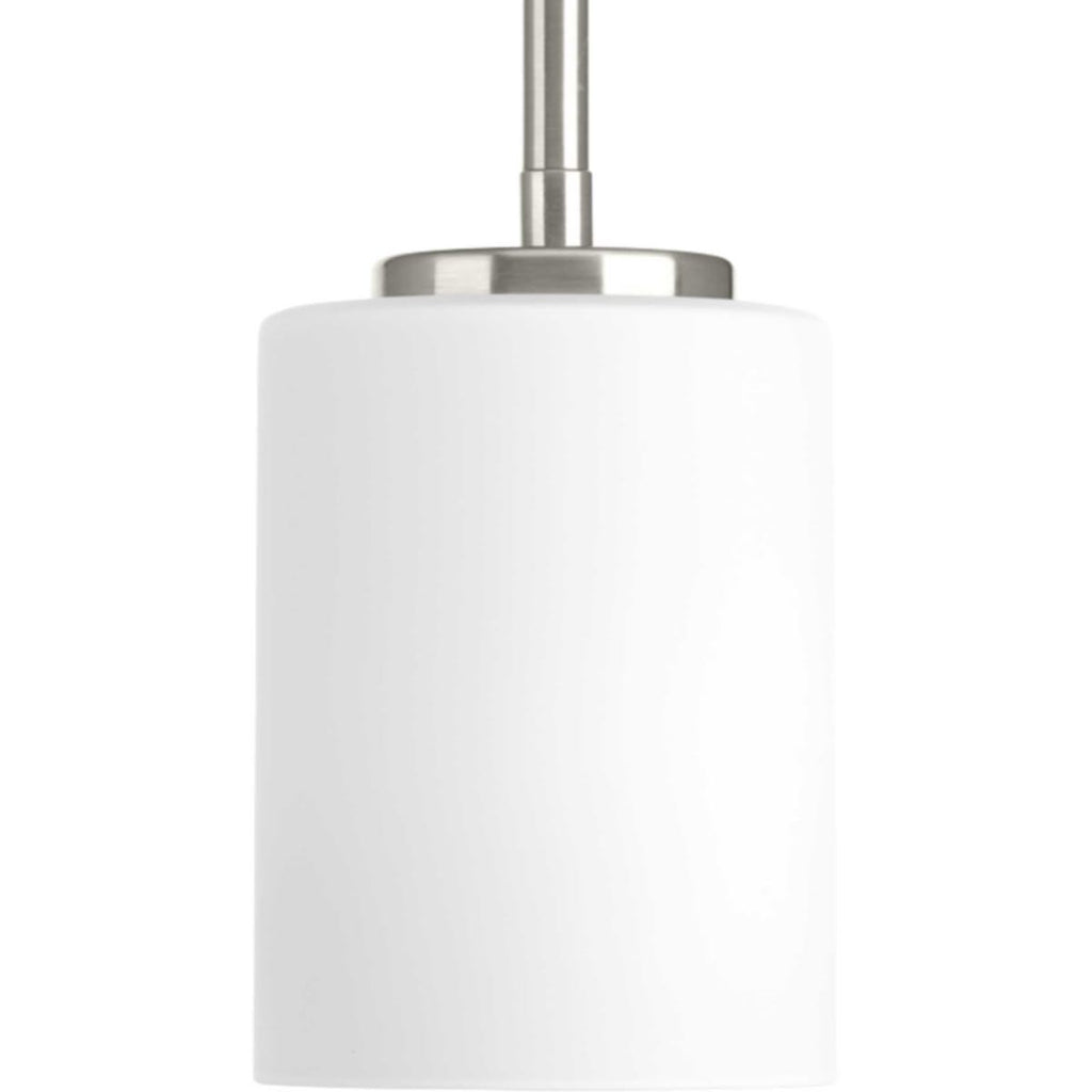 Progress P5170-09 1-Light Replay Series Mini Pendant Fixture, 3.88" Dia. x 6" Height, Medium (E26) Base, (1) 6" Stem & (4) 12" Stems Included, (6) Links of Chain Included, White Glass, Brushed Nickel Finish